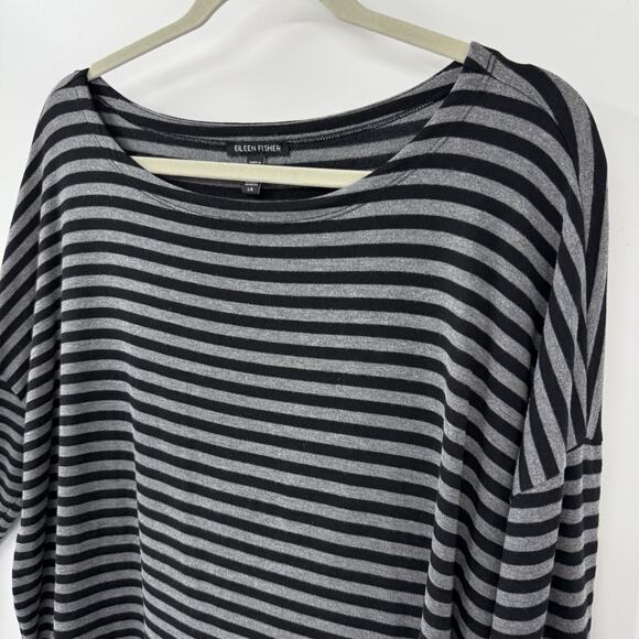 Eileen Fisher Large Boxy Striped Tunic Top Dolman Sleeve Black Gray Pullover - Picture 4 of 7